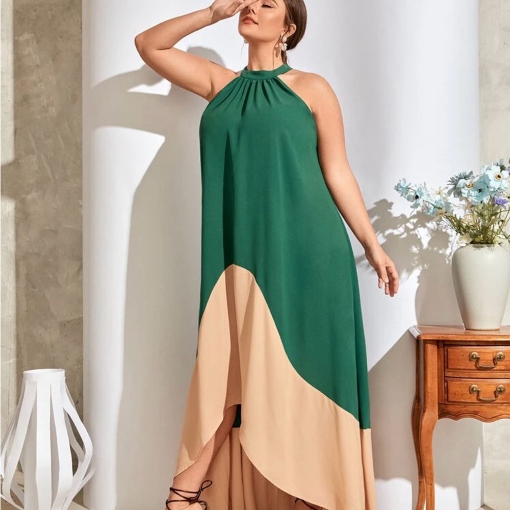 SHEIN Green and Tan High Low Dress
